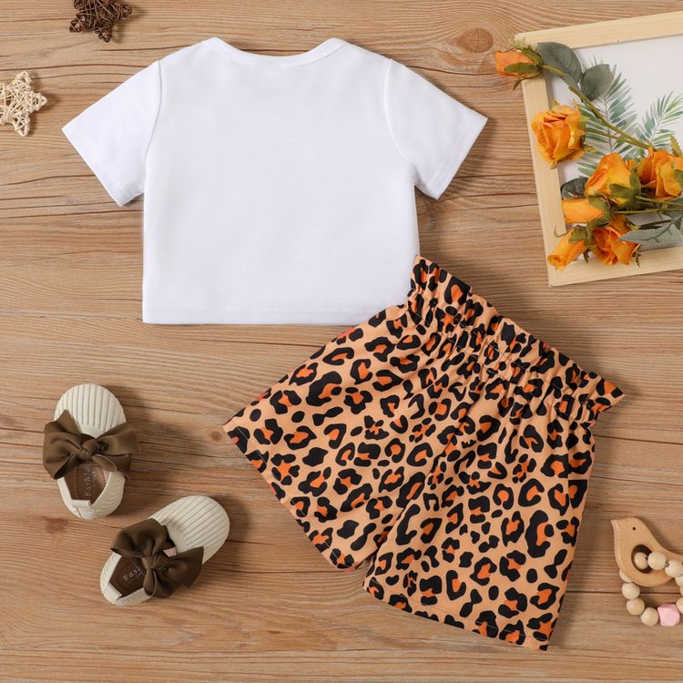 2pcs Baby Girl Figure & Letter Print Short-sleeve Crop Top and Leopard Shorts Set Brown