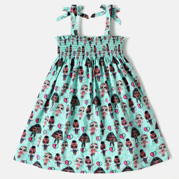 L.O.L. SURPRISE! Kid Girl Allover Print Bowknot Design Smocked Slip Dress BlueGreen