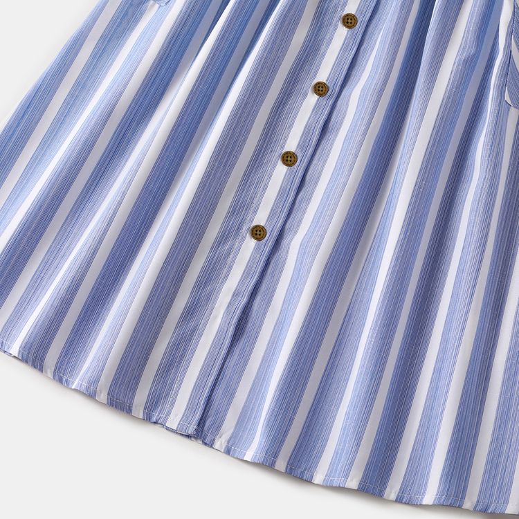 Family Matching Blue Striped V Neck Drop Shoulder Button Up Belted Dresses and Short-sleeve T-shirts Sets Blue