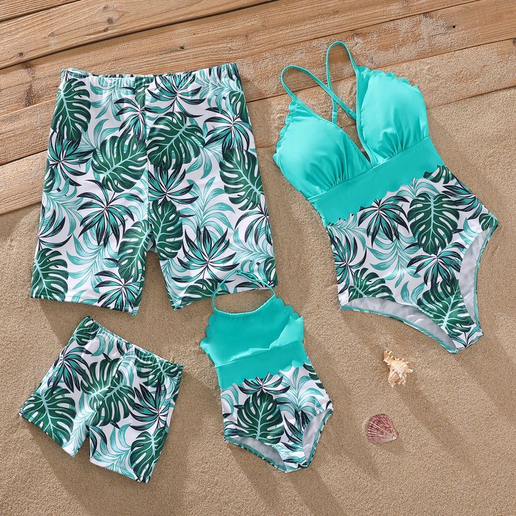 Family Matching Solid Splice Palm Leaf Print Wavy Edge One-Piece Swimsuit and Swim Trunks Shorts aquagreen