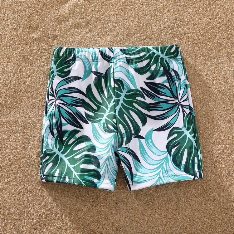 Family Matching Solid Splice Palm Leaf Print Wavy Edge One-Piece Swimsuit and Swim Trunks Shorts aquagreen