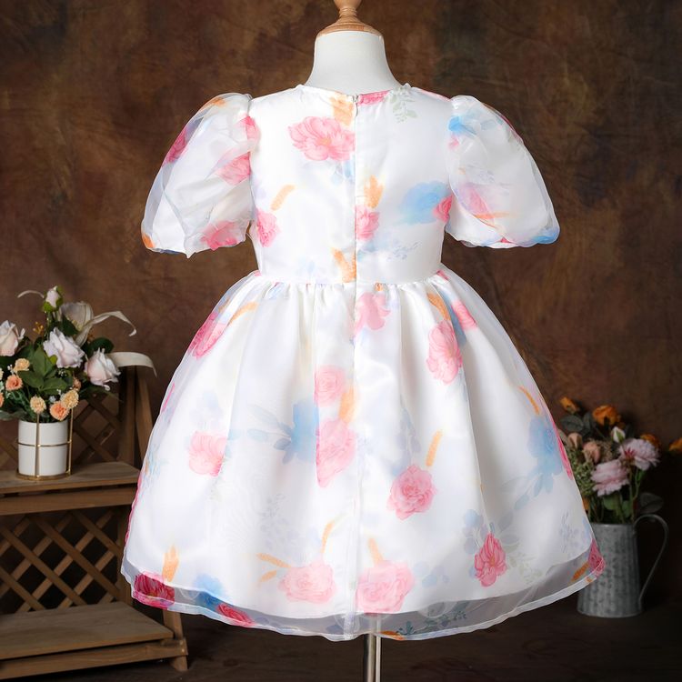 Kid Girl Floral Print Short Puff-sleeve Mesh Design Princess Party Dress OffWhite