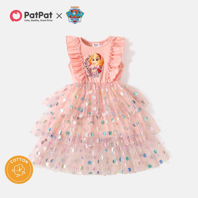 PAW Patrol Toddler Girl Cotton Ruffled Polka dots Layered Mesh Splice Sleeveless Dress Pink