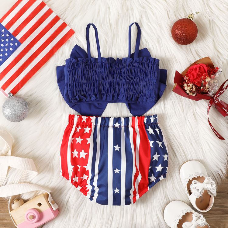 Independence Day 2pcs Baby Girl 100% Cotton Red Bowknot Camisole and All Over Print Shorts Set Blue
