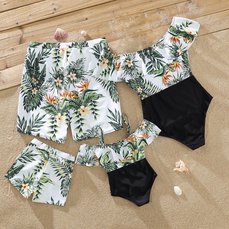 Flounce Plumeria Printed Matching Swimsuits White