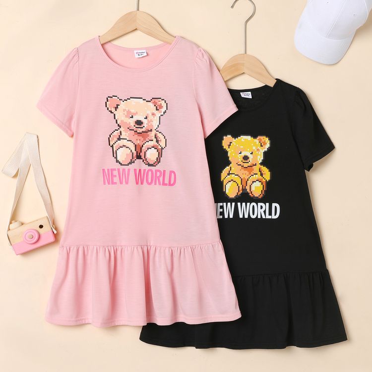 Kid Girl Letter Animal Bear Print Ruffled Hem Short-sleeve Dress Black