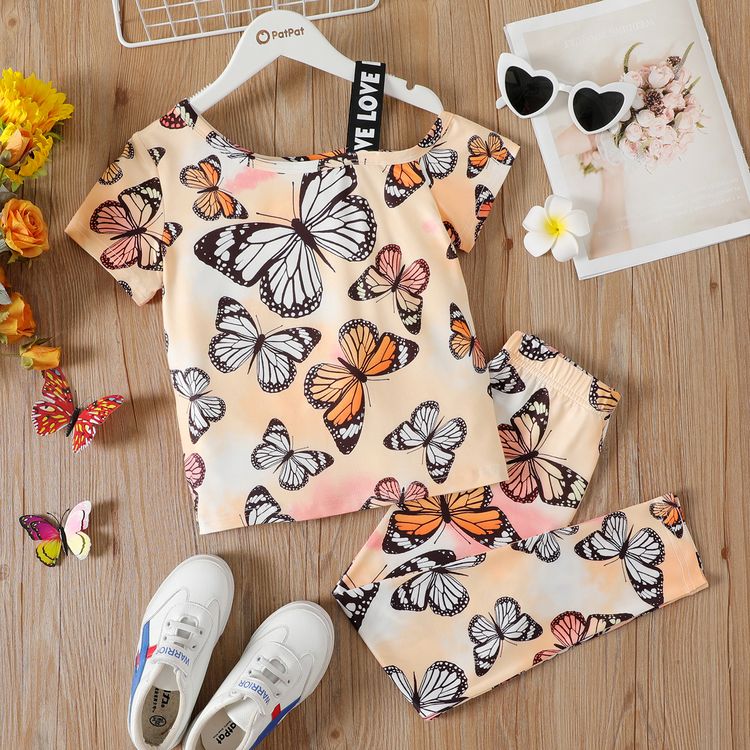 2pcs Kid Girl Butterfly Print Tie Dyed One Shoulder Short-sleeve Tee and Leggings Set incarnadinepink