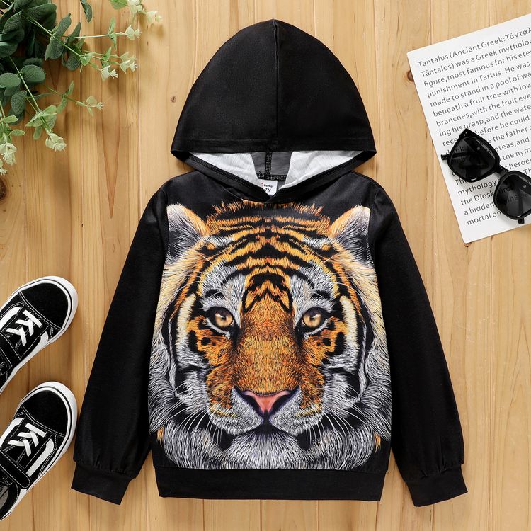 Kid Boy Animal Tiger Print Black Hooded Sweatshirt Black