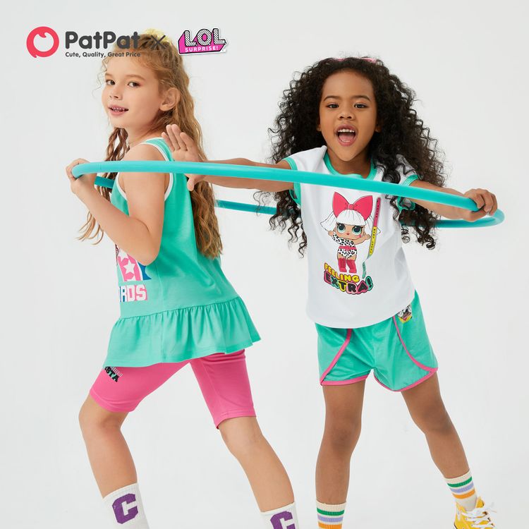 L.O.L. SURPRISE! 2pcs Kid Girl Letter Print Colorblock Sleeveless Tee and Elasticized Shorts Set greenwhite