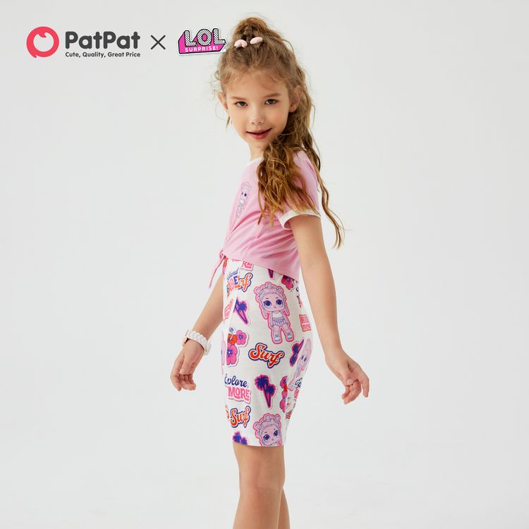 L.O.L. SURPRISE! 2pcs Kid Girl Allover Print Tank Dress and Tie Knot Pink Short-sleeve Cotton Tee Set Pink