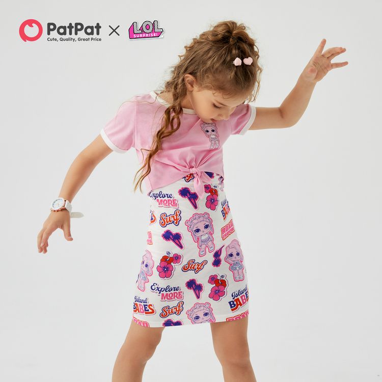 L.O.L. SURPRISE! 2pcs Kid Girl Allover Print Tank Dress and Tie Knot Pink Short-sleeve Cotton Tee Set Pink