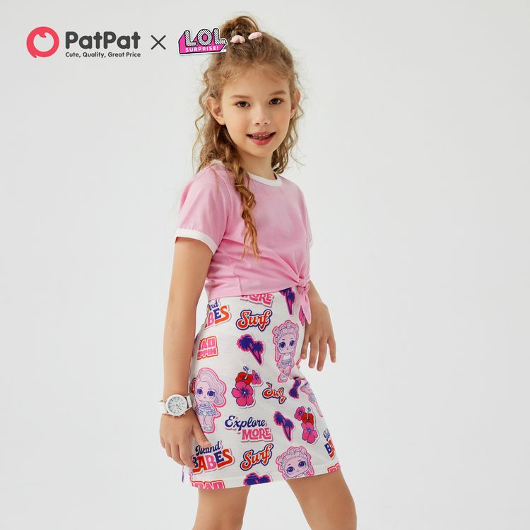 L.O.L. SURPRISE! 2pcs Kid Girl Allover Print Tank Dress and Tie Knot Pink Short-sleeve Cotton Tee Set Pink