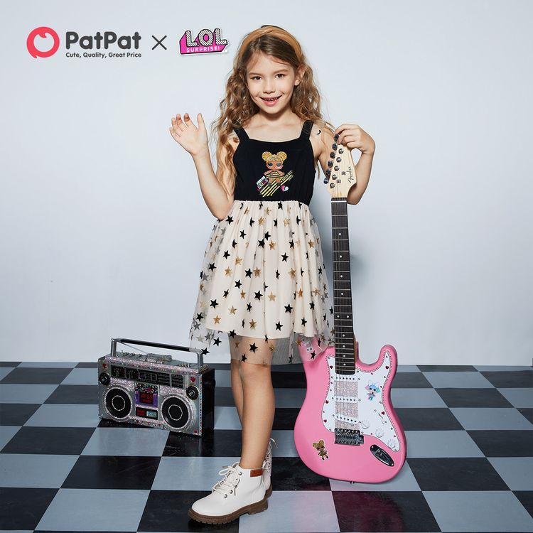L.O.L. SURPRISE! Kid Girl Figure Print Stars Glitter Design Mesh Splice Cotton Tank Dress ColorBlock