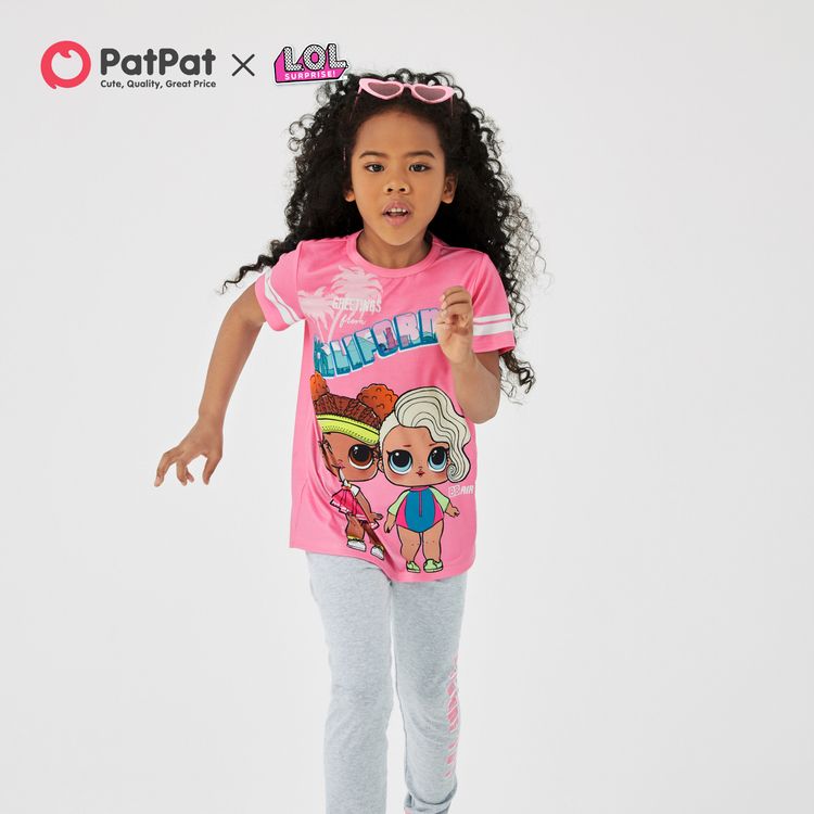 L.O.L. SURPRISE! 2pcs Kid Girl Letter Print Striped Short-sleeve Pink Tee and Pants Set Dark Pink