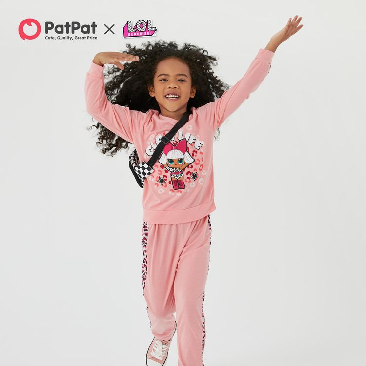 L.O.L. SURPRISE! 2pcs Kid Girl Letter Leopard Print Long-sleeve Pink Cotton Top and Elasticized Pants Set Pink