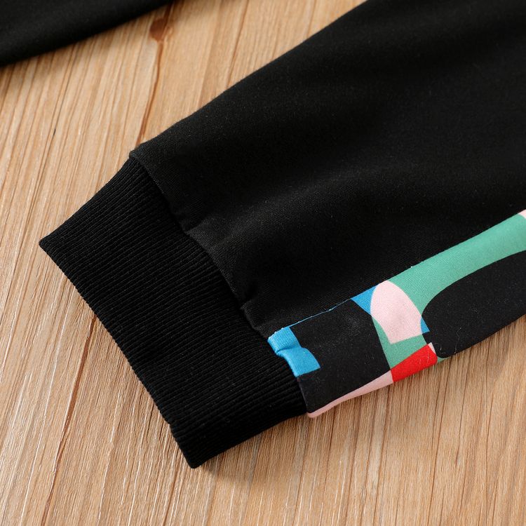 2pcs Kid Boy Letter Print Colorblock Pullover Sweatshirt and Elasticized Pants Set Black