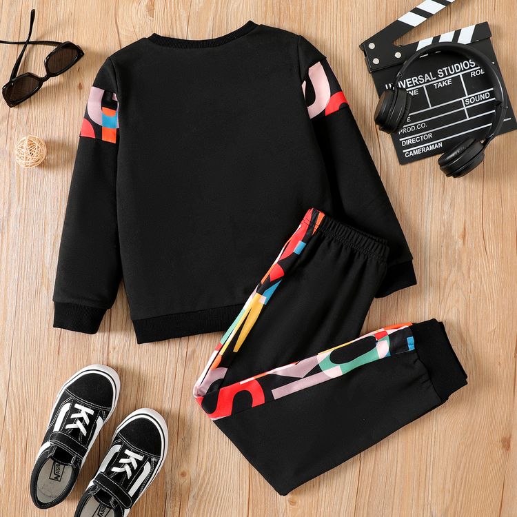 2pcs Kid Boy Letter Print Colorblock Pullover Sweatshirt and Elasticized Pants Set Black