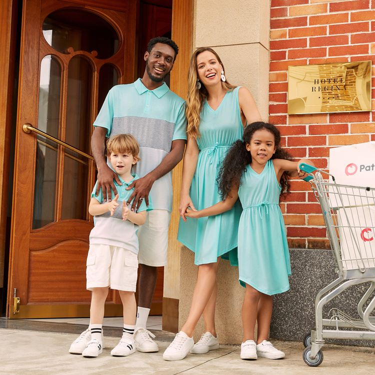 Family Matching Solid V Neck Tank Dresses and Short-sleeve Colorblock Polo Shirts Sets Light Green