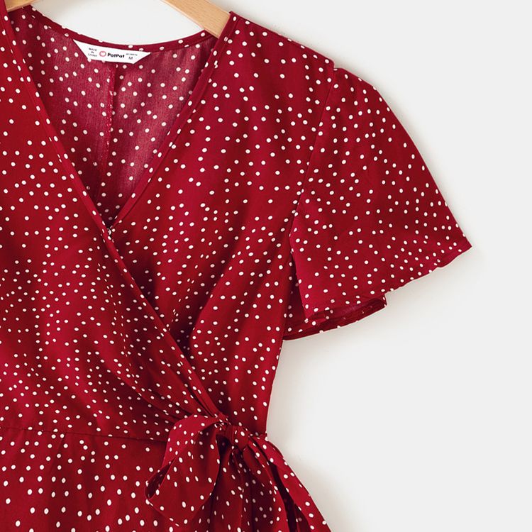 Red Polka Dots Ruffle-sleeve Surplice Neck Wrap Dress for Mom and Me Red