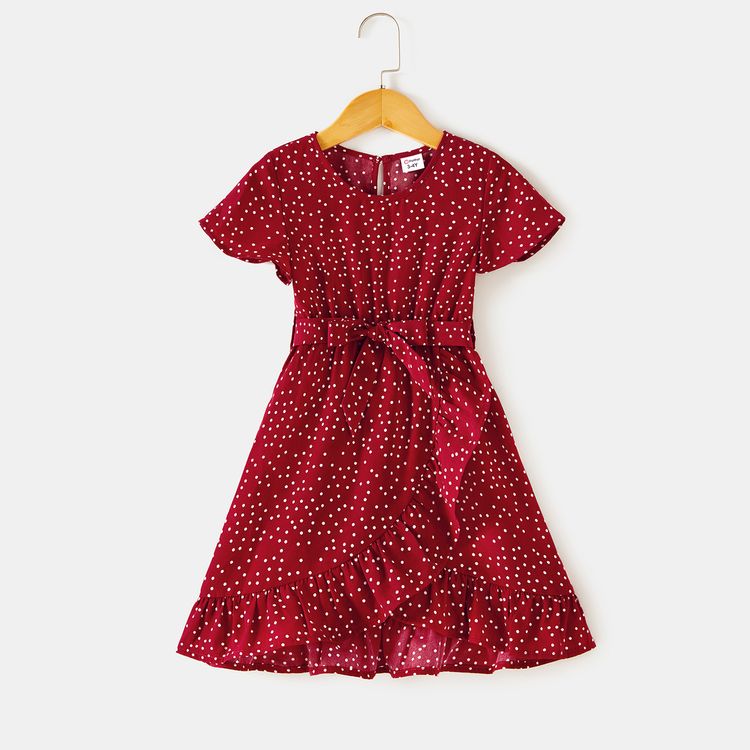 Red Polka Dots Ruffle-sleeve Surplice Neck Wrap Dress for Mom and Me Red