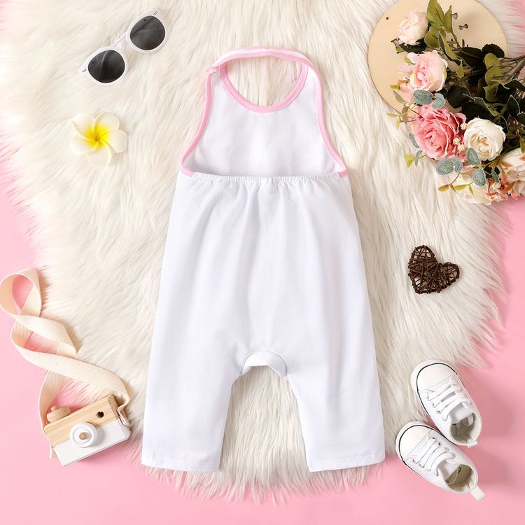 Baby Girl 95% Cotton Letter Print Halter Backless  Sleeveless Jumpsuit White