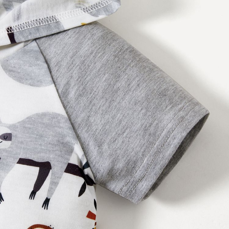 Sibling Matching Allover Sloth Print Hooded Raglan-sleeve Set Grey