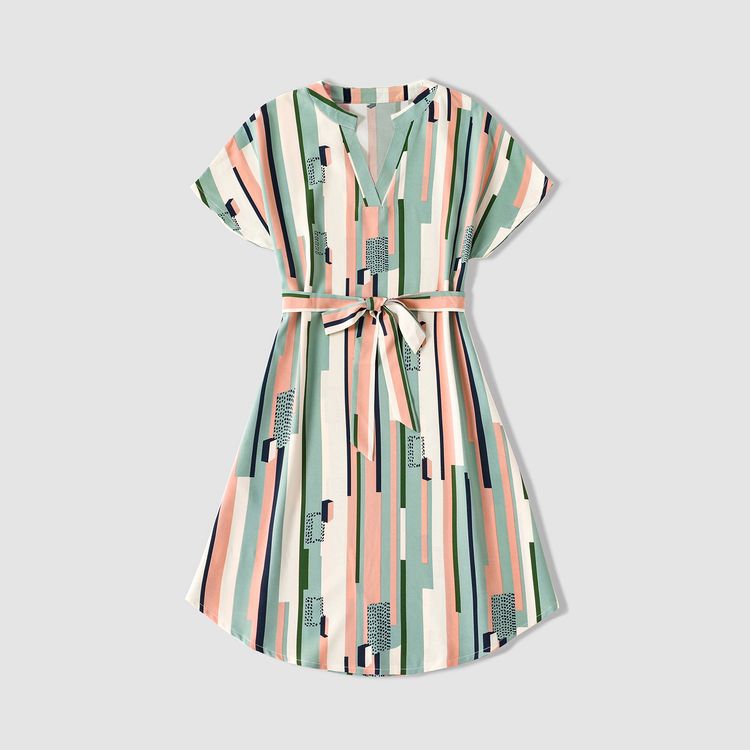 Family Matching Geometric Striped V Neck Drop Shoulder Belted Dresses and Colorblock Short-sleeve T-shirts Sets Green