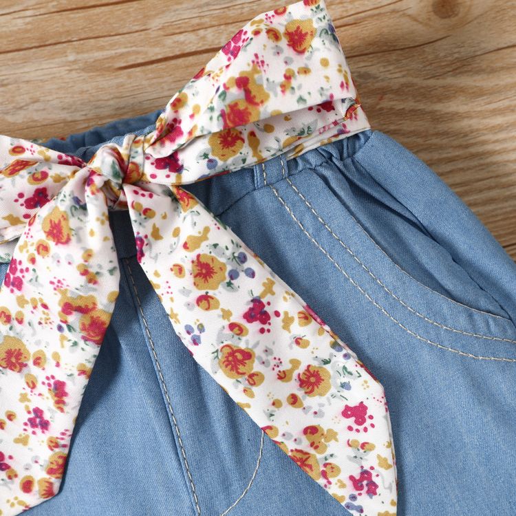 Baby Girl Floral Print Belted Denim Shorts Blue