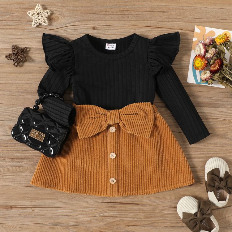 2pcs Baby Girl Rib Knit Ruffled Long-sleeve Top and Button Front Corduroy Skirt Set Khaki