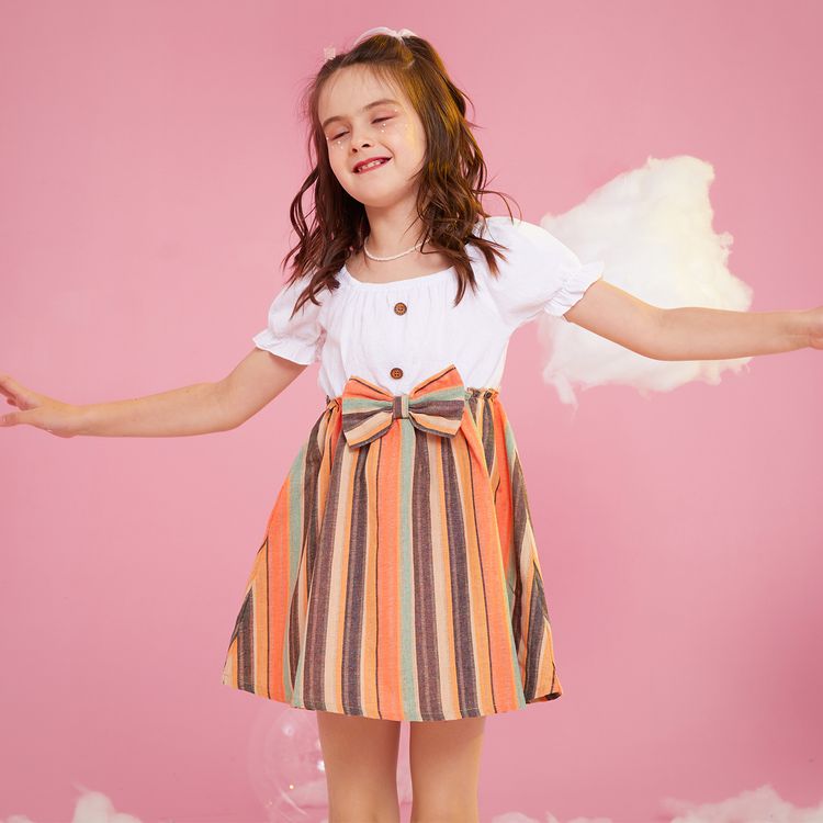 Kid Girl Off Shoulder Bowknot Design Striped Splice Short-sleeve Dress COLOREDSTRIPES