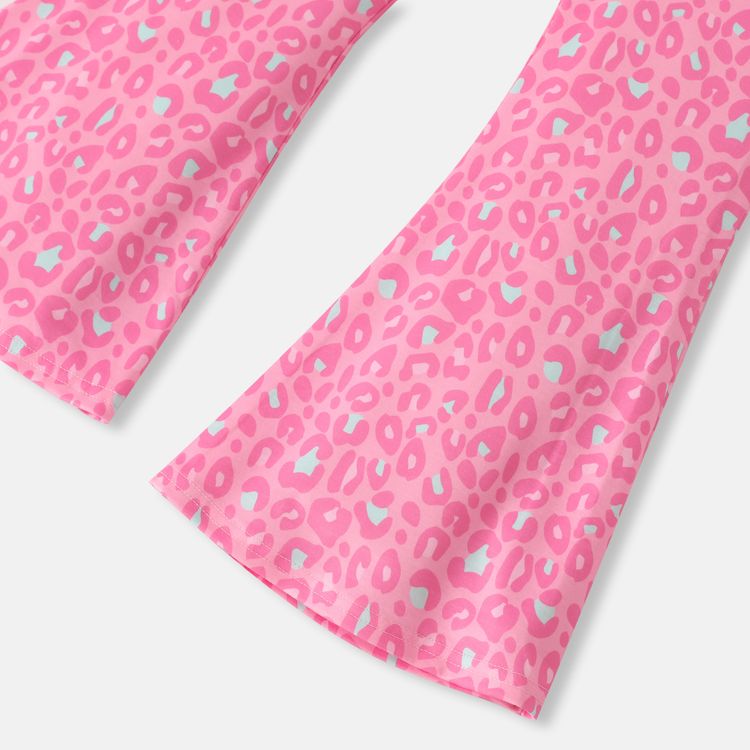 L.O.L. SURPRISE! 2pcs Kid Girl Cartoon Print Tie Knot Long-sleeve White Tee and Stripe Heart Leopard Print Pink Flared Pants Set Black
