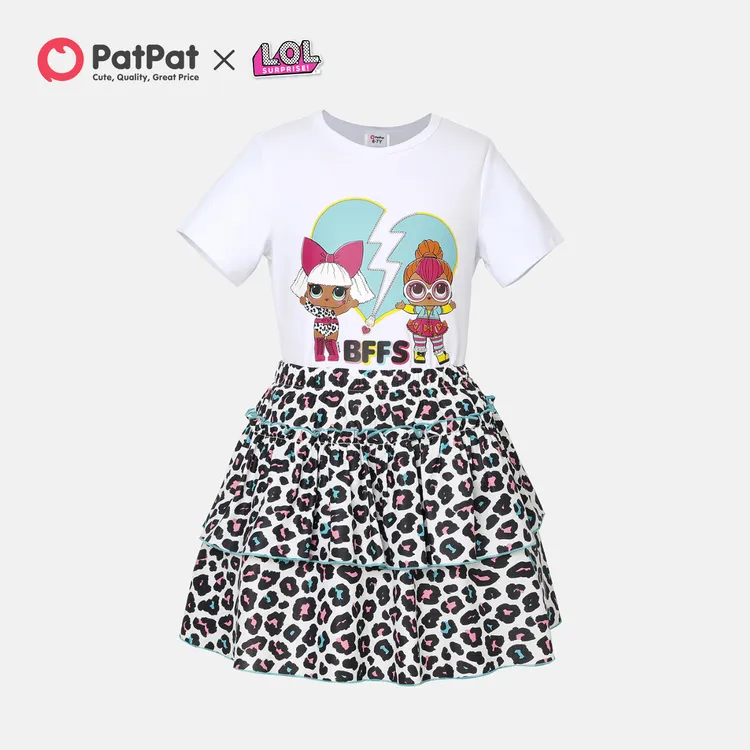 L.O.L. SURPRISE! 2pcs Kid Girl Short-sleeve White Cotton Tee and Leopard Print Layered Skirt Set BlackandWhite