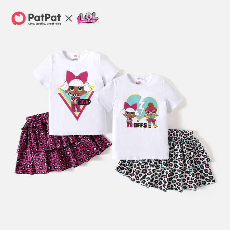 L.O.L. SURPRISE! 2pcs Kid Girl Short-sleeve White Cotton Tee and Leopard Print Layered Skirt Set BlackandWhite