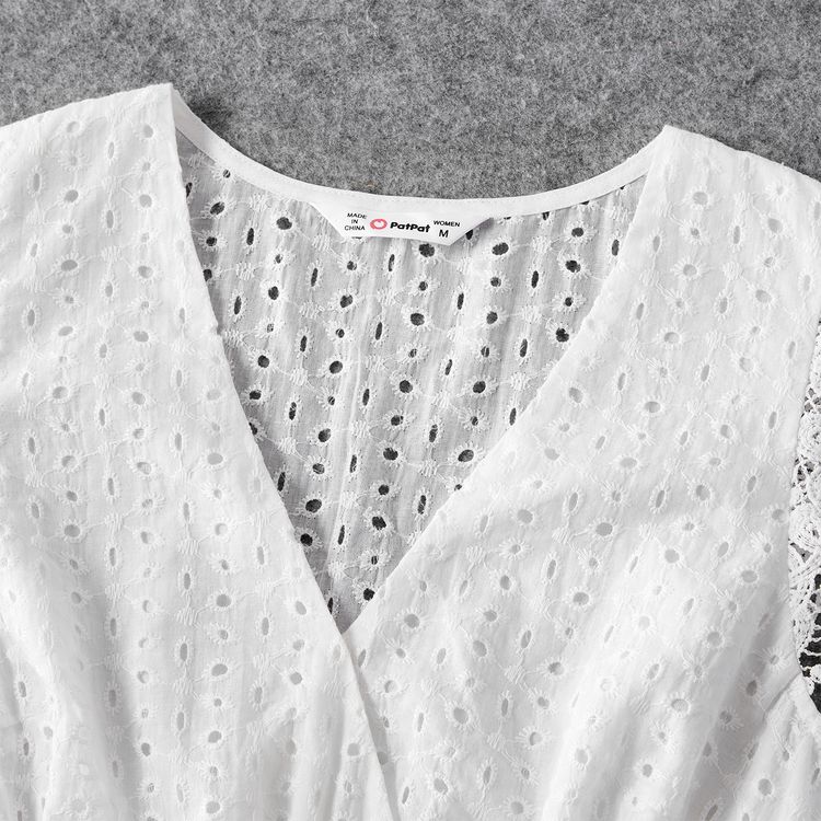 100% Cotton Lace Detail Eyelet Embroidered Surplice Neck Tank Tops for Mom and Me White