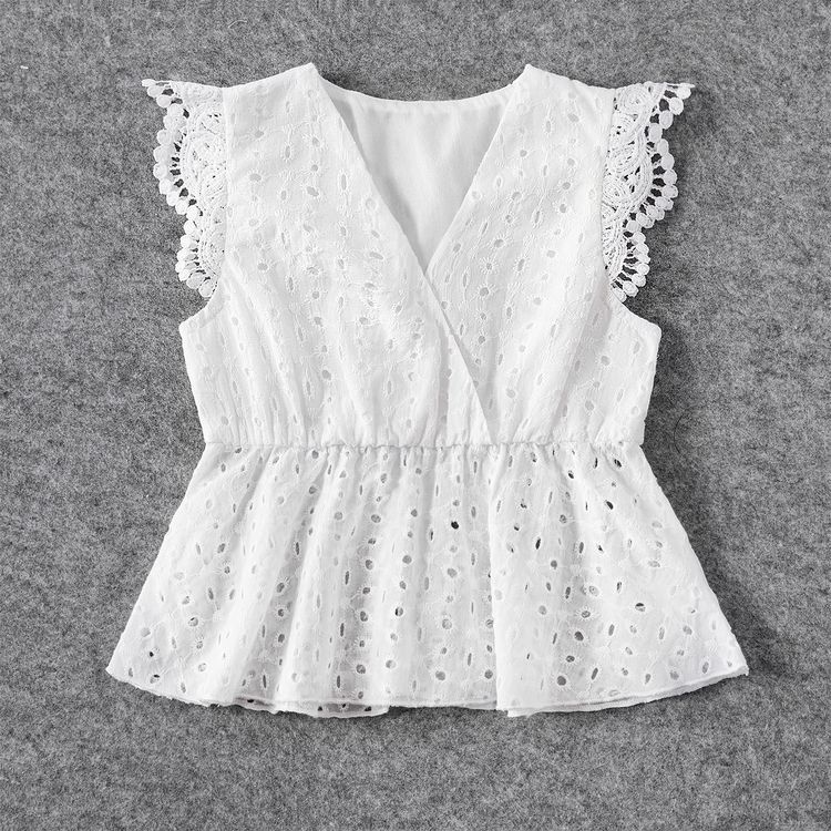 100% Cotton Lace Detail Eyelet Embroidered Surplice Neck Tank Tops for Mom and Me White
