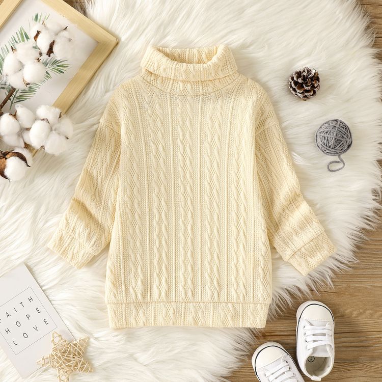 Baby Girl Solid Cable Knit Turtleneck Long-sleeve Sweater Dress Apricot