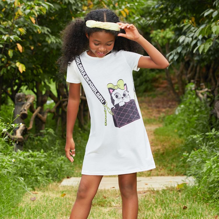 Kid Girl Cute Cat Bag Print Short-sleeve White Tee Dress White