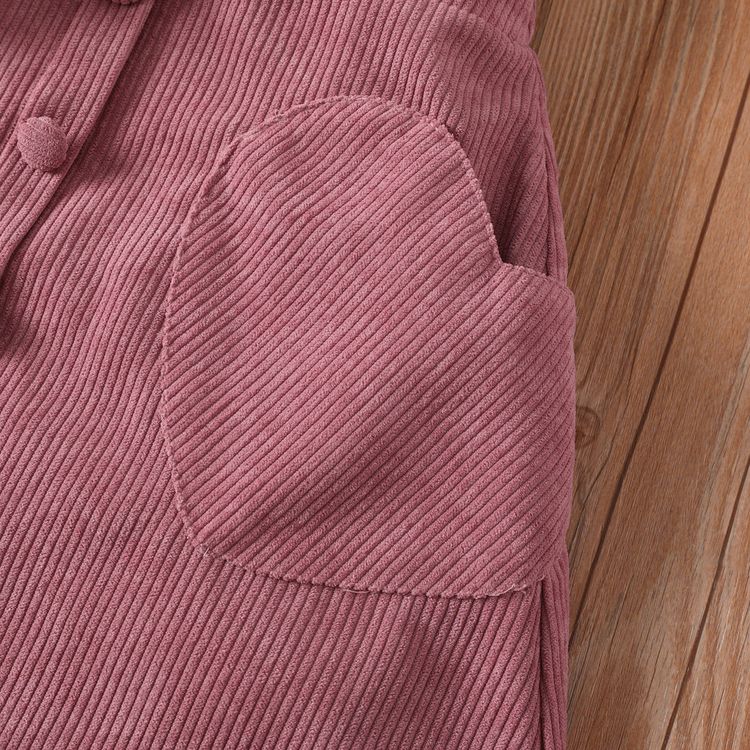 2pcs Kid Girl Button Design Long-sleeve White Ribbed Top and Pocket Design Pink Skirt Set White