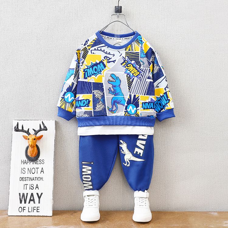 2pcs Kid Boy Faux-two Dinosaur Print Pullover Sweatshirt and Pants Set Royal Blue