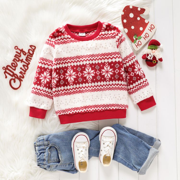 Toddler Boy/Girl Preppy style Christmas Snowflake Pattern Fleece Pullover Sweatshirt Red