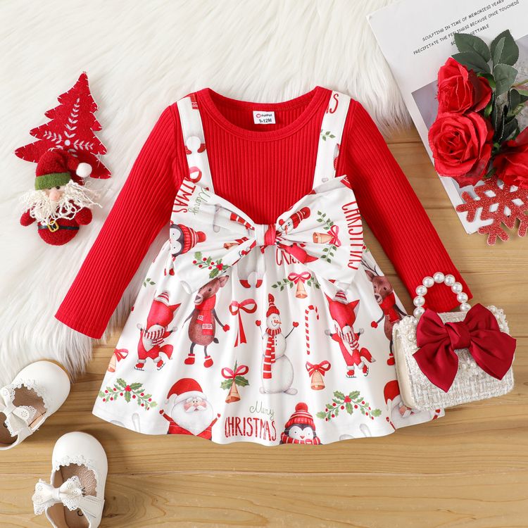 Christmas Baby Girl Red Rib Knit Long-sleeve Faux-two Allover Print Bow Front Dress REDWHITE