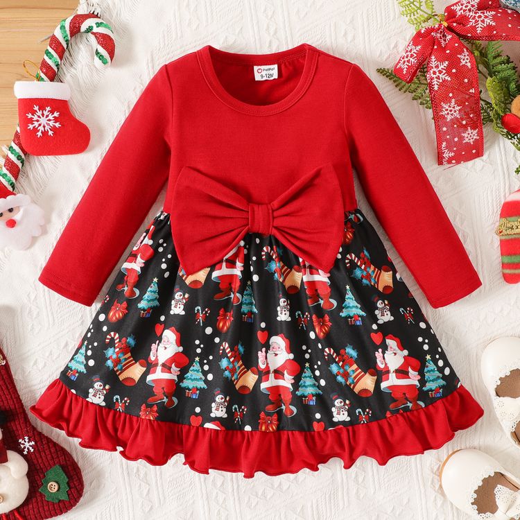 Christmas Baby Girl Allover Santa Print Bow Front Ruffle Hem Red Long-sleeve Dress Red