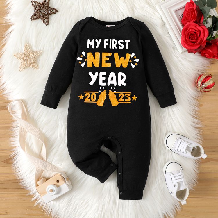 New Year Baby Boy/Girl Letter & Number Print Long-sleeve Jumpsuit Black