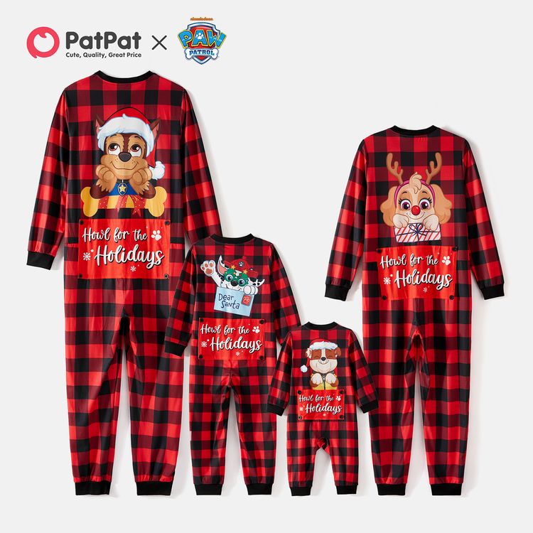 PAW Patrol Family Matching Cartoon Dog Print Christmas Red Plaid Long-sleeve Onesies Pajamas (Flame Resistant) redblack