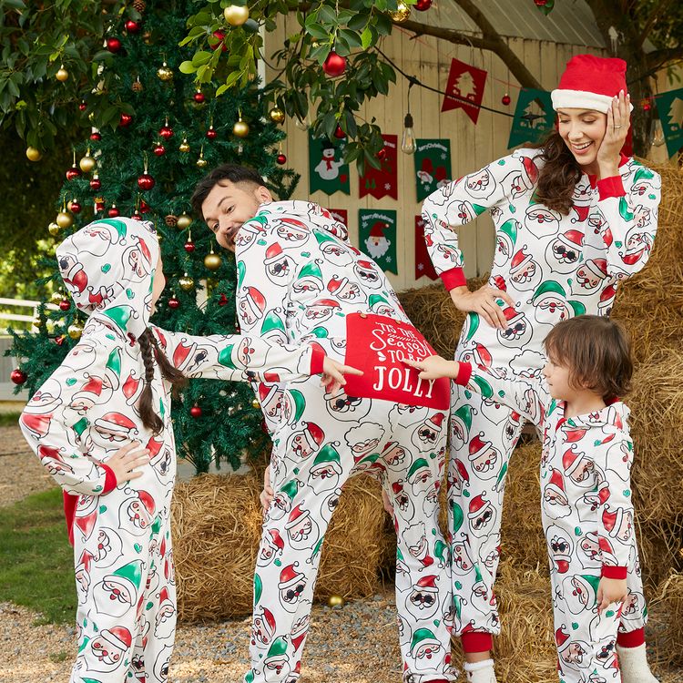 Christmas Family Matching Allover Santa Claus Print Long-sleeve Hooded Zipper Onesies Pajamas (Flame Resistant) ColorBlock