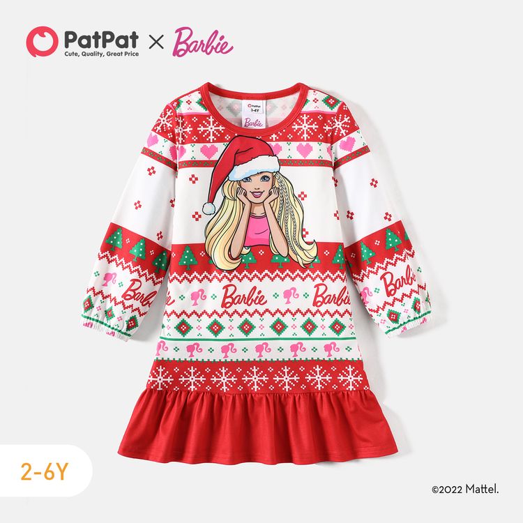 Barbie Toddler Girl Christmas Grass-green Ruffle Hem Long-sleeve Dress Red