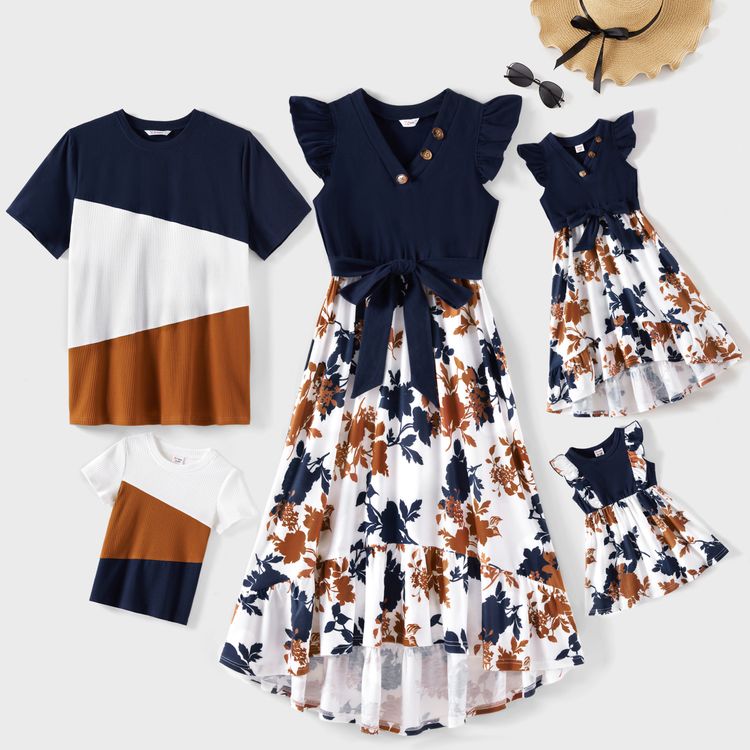 Family Matching Cotton Short-sleeve Colorblock Ribbed T-shirts and V Neck Flutter-sleeve Spliced Floral Print High Low Hem Dresses Sets royalblue