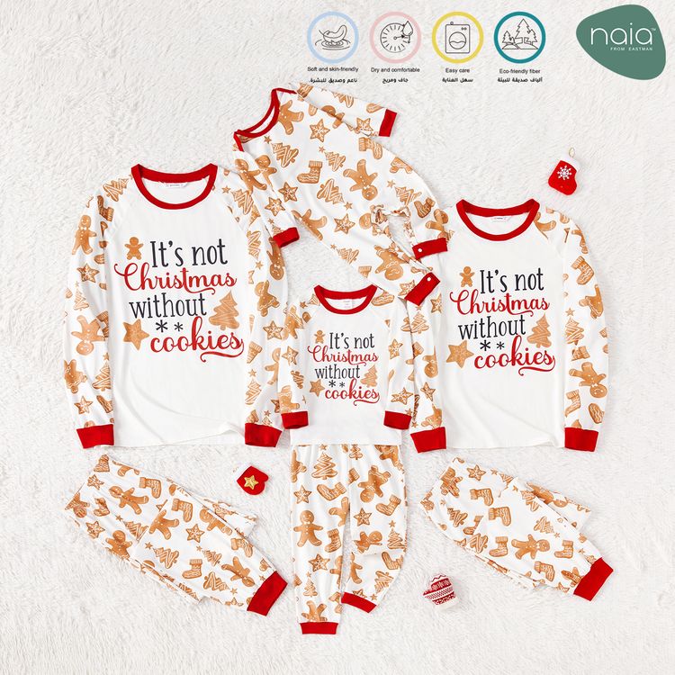 Christmas Family Matching Gingerbread Man & Letter Print Raglan-sleeve Naia Pajamas Sets (Flame Resistant) Red