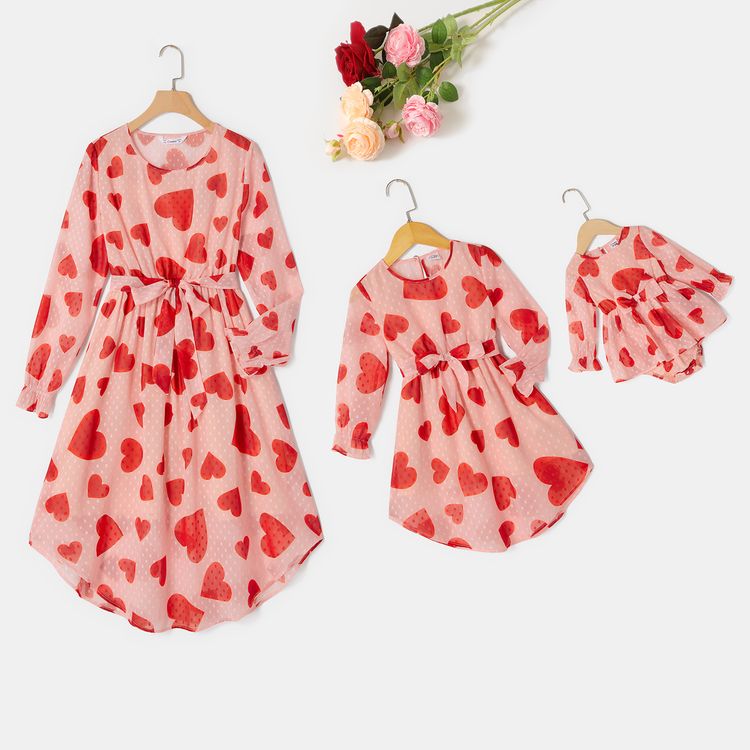 Valentine's Day Mommy and Me Allover Heart & Dots Print Long-sleeve Belted Chiffon Dresses Pink
