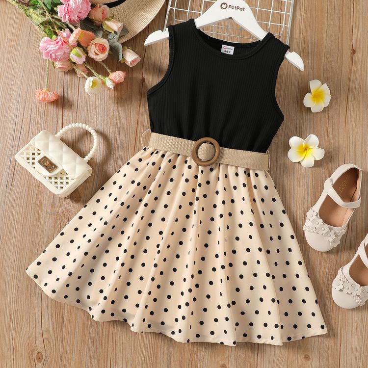 2pcs Kid Girl Polka dots Ribbed Splice Sleeveless Dress & Belt Black